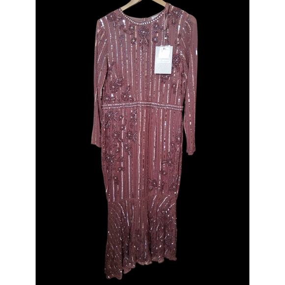 MAC DUGGAL Jewel Lined Neck Long Sleeve Tea Length Rosewood Floral Beaded Sz 12 - Picture 1 of 14